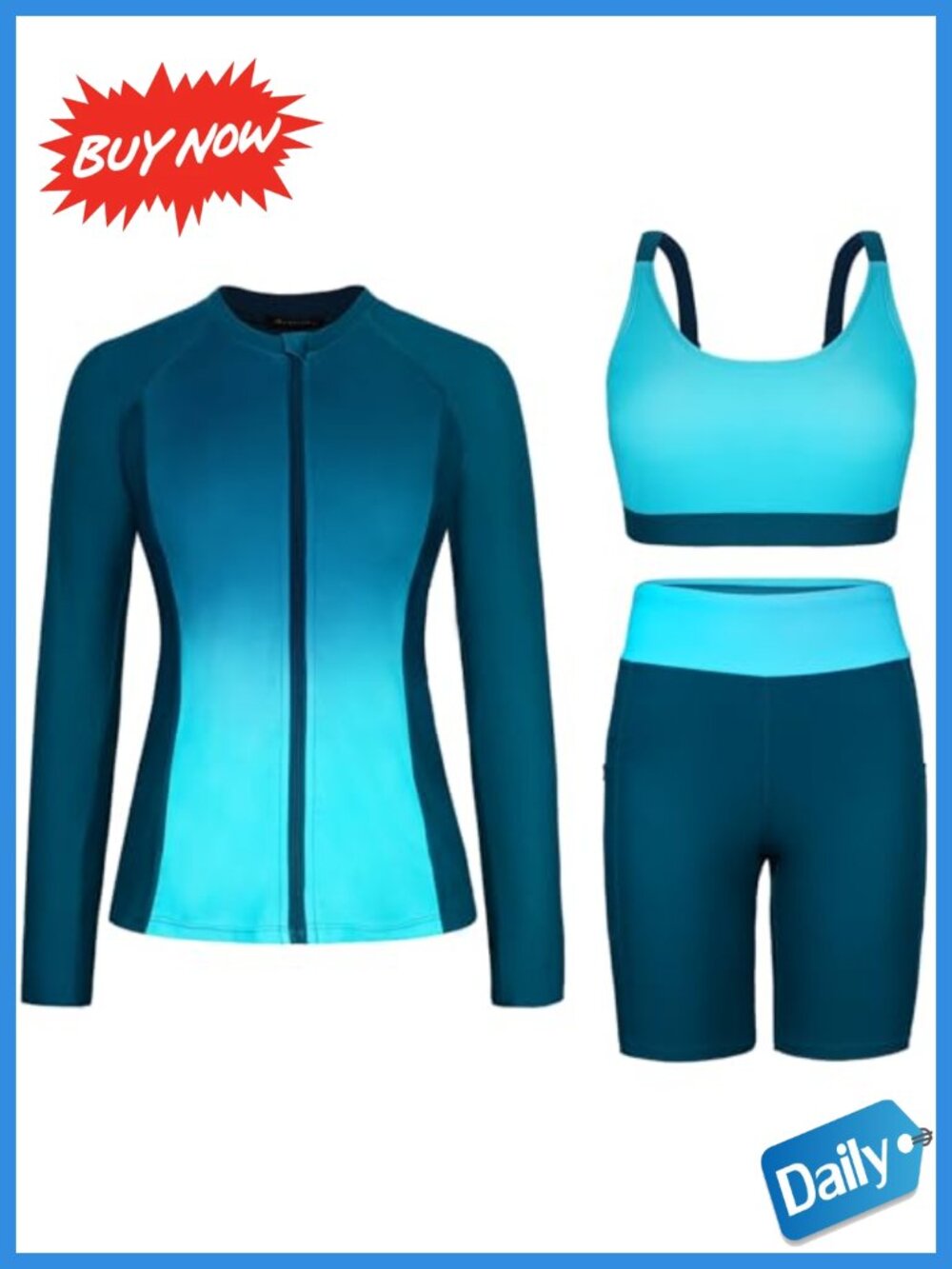 Womens Rash Guard Long Sleeve Swim Shirt UPF 50+ High Waisted Shorts 3 Piece